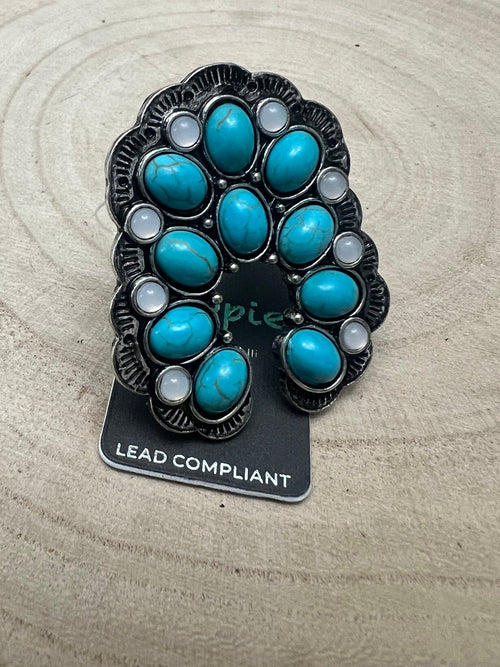 Squash Blossom Adjustable Ring with Faux Turquoise and Faux Opals - Cowhide and Conchos