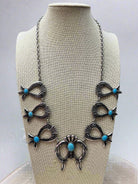 Squash Blossom and Faux Turquoise & Earring Set - 24 inch necklace - Cowhide and Conchos