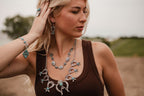 Squash Blossom and Faux Turquoise & Earring Set - 24 inch necklace - Cowhide and Conchos