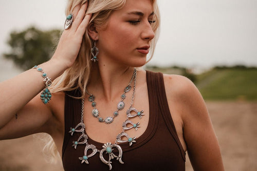 Squash Blossom and Faux Turquoise & Earring Set - 24 inch necklace - Cowhide and Conchos
