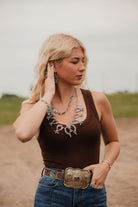 Squash Blossom and Faux Turquoise & Earring Set - 24 inch necklace - Cowhide and Conchos