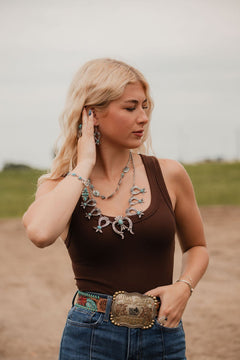 Squash Blossom and Faux Turquoise & Earring Set - 24 inch necklace - Cowhide and Conchos