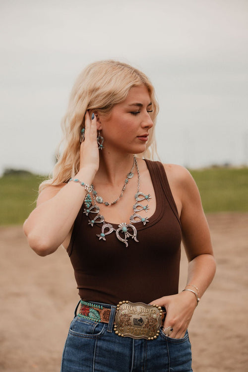 Squash Blossom and Faux Turquoise & Earring Set - 24 inch necklace - Cowhide and Conchos