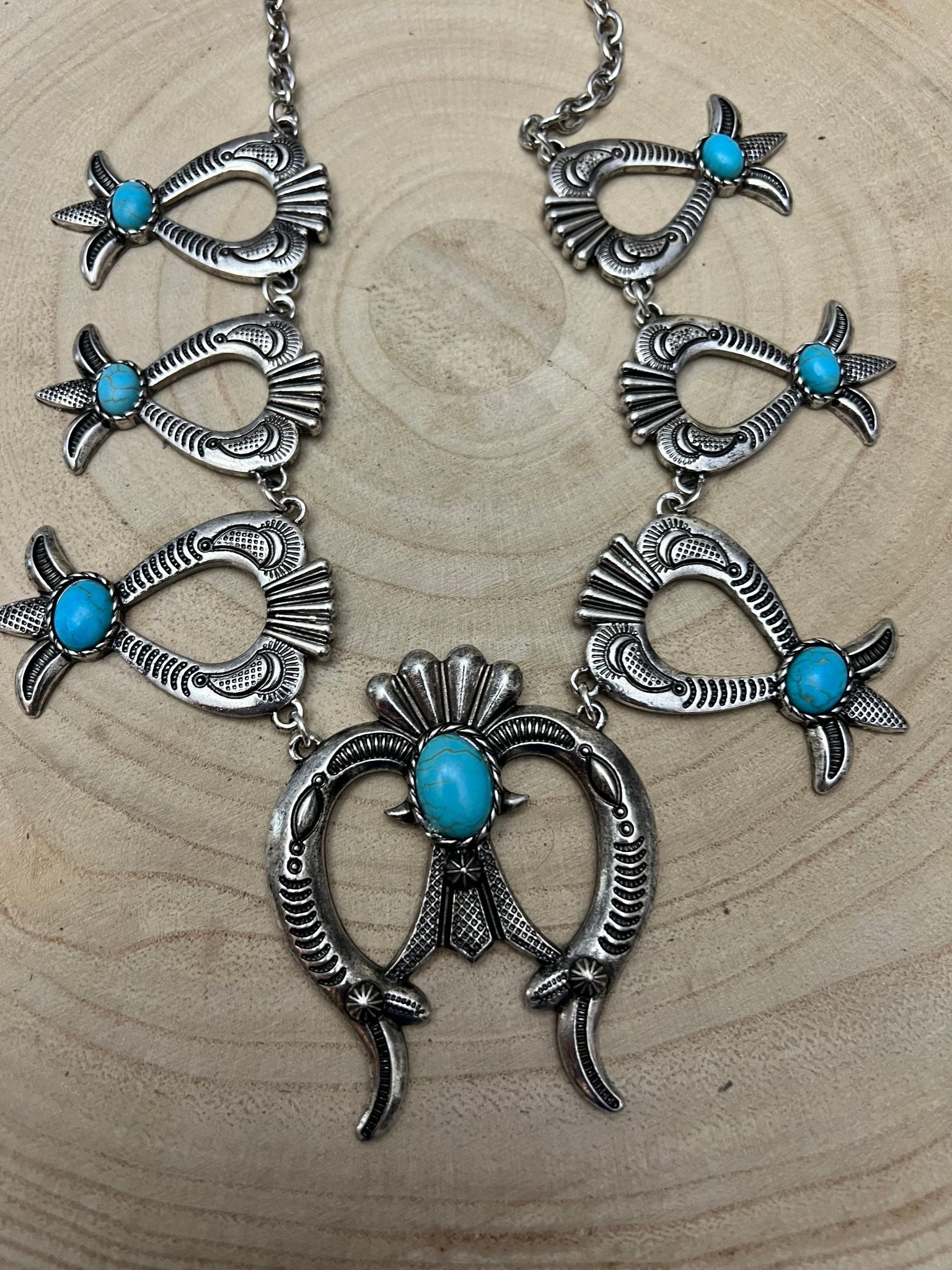 Squash Blossom and Faux Turquoise & Earring Set - 24 inch necklace - Cowhide and Conchos
