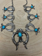 Squash Blossom and Faux Turquoise & Earring Set - 24 inch necklace - Cowhide and Conchos