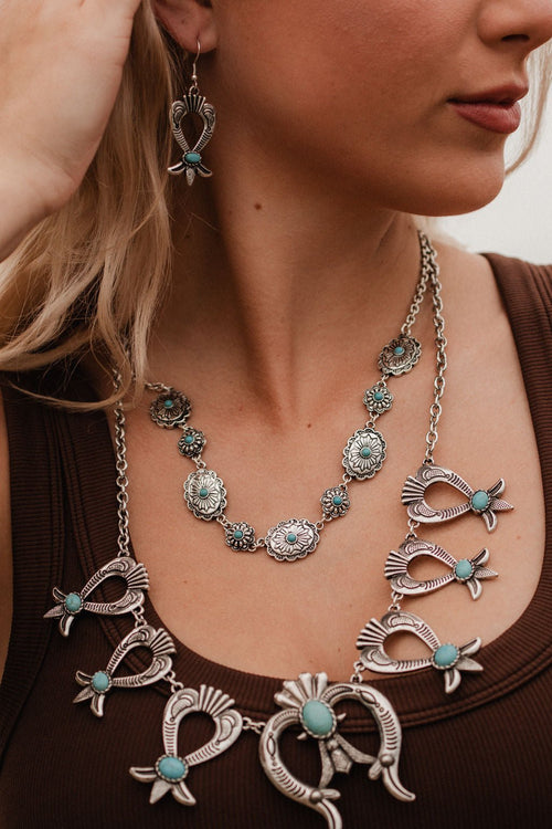 Squash Blossom and Faux Turquoise & Earring Set - 24 inch necklace - Cowhide and Conchos