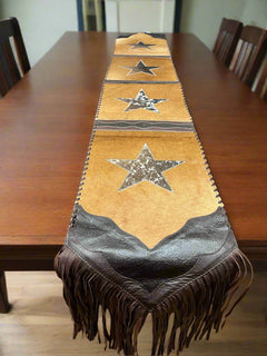 Star Cowhide Table Runner with Fringe - Cowhide and Conchos