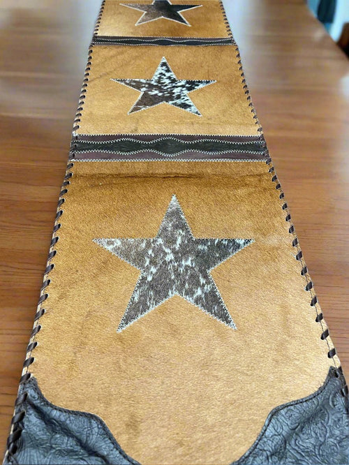 Star Cowhide Table Runner with Fringe - Cowhide and Conchos