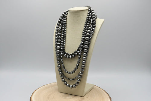 Statement Faux Sterling Pearl Layered Necklace & Earring Set - Cowhide and Conchos