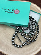 Statement Faux Sterling Pearl Layered Necklace & Earring Set - Cowhide and Conchos