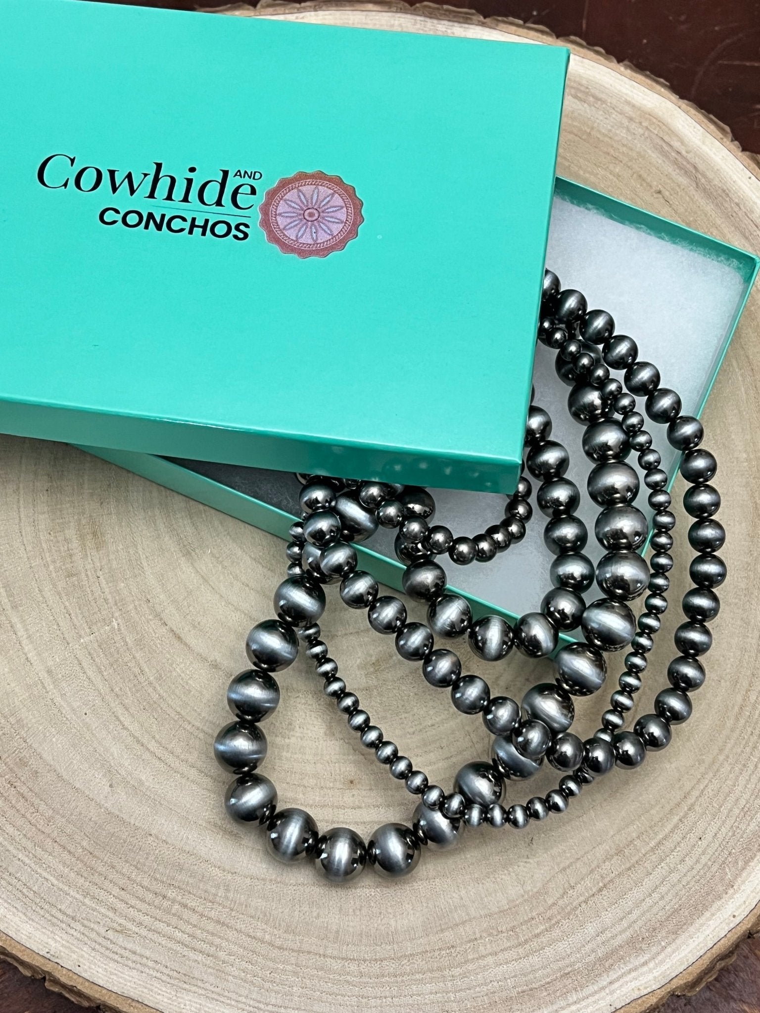 Statement Faux Sterling Pearl Layered Necklace & Earring Set - Cowhide and Conchos