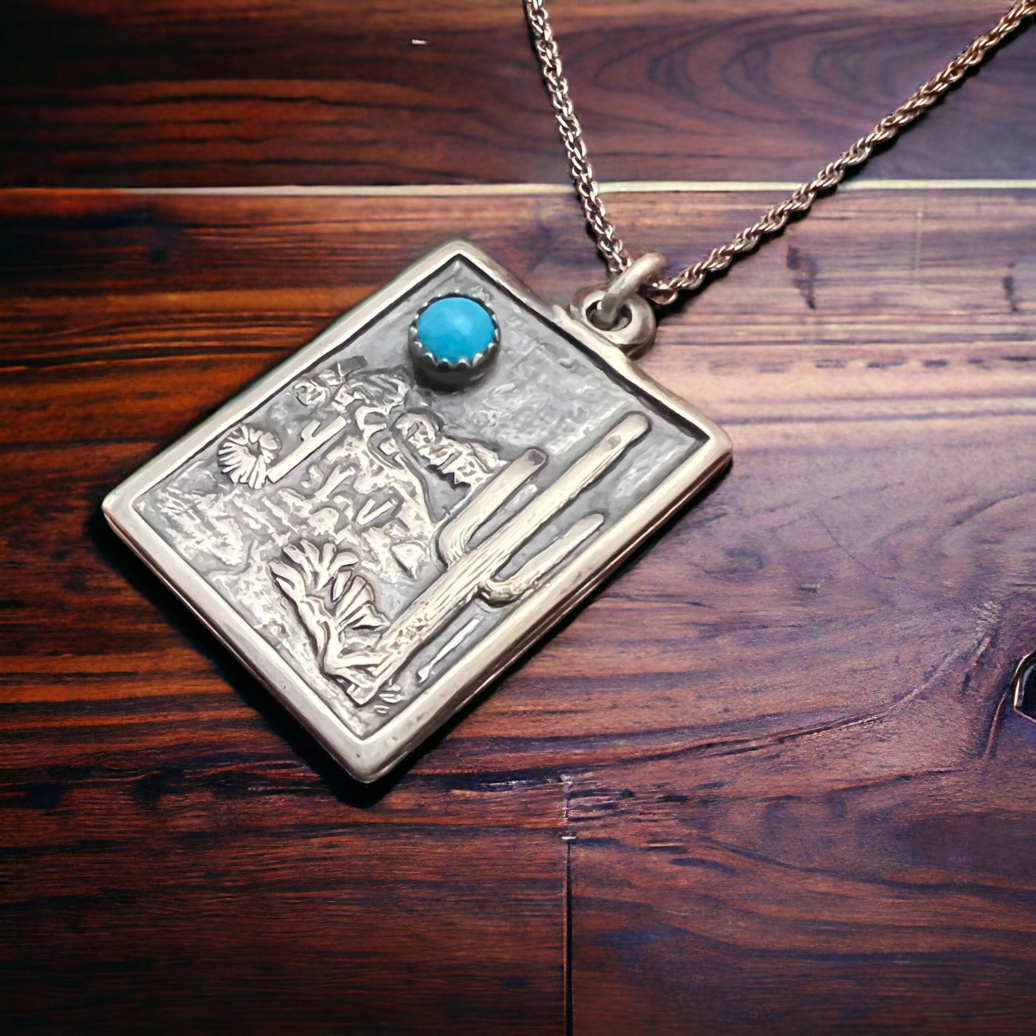 Sterling Cactus Desert Scenery Pendant with Kingman Turquoise - Cowhide and Conchos