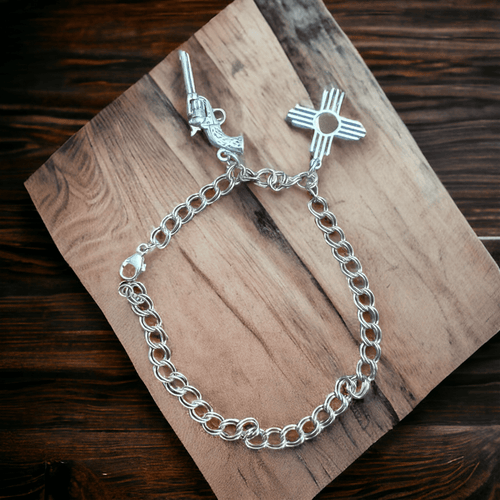 Sterling Charm Bracelet - 4.2 mm width - 7 inch length - Cowhide and Conchos