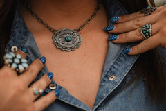 Sterling Concho and Kingman Turquoise Necklace - 18 inch - Cowhide and Conchos