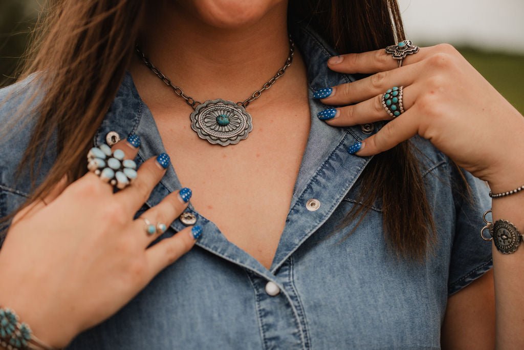 Sterling Concho and Kingman Turquoise Necklace - 18 inch - Cowhide and Conchos