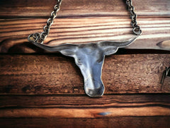 Sterling Longhorn necklace on 18 inch Sterling chain - Cowhide and Conchos