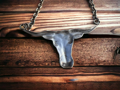 Sterling Longhorn necklace on 18 inch Sterling chain - Cowhide and Conchos