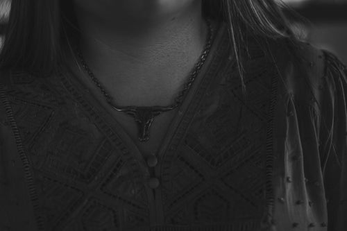 Sterling Longhorn necklace on 18 inch Sterling chain - Cowhide and Conchos
