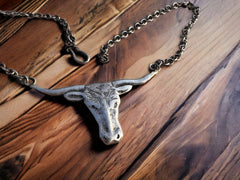 Sterling Longhorn necklace on 18 inch Sterling chain - Cowhide and Conchos
