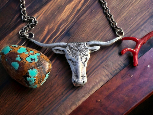 Sterling Longhorn necklace on 18 inch Sterling chain - Cowhide and Conchos