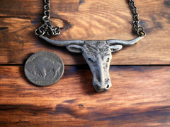 Sterling Longhorn necklace on 18 inch Sterling chain - Cowhide and Conchos