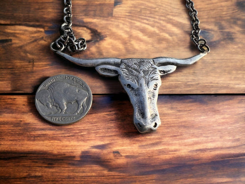Sterling Longhorn necklace on 18 inch Sterling chain - Cowhide and Conchos
