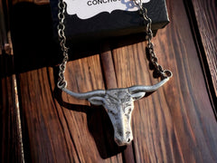 Sterling Longhorn necklace on 18 inch Sterling chain - Cowhide and Conchos