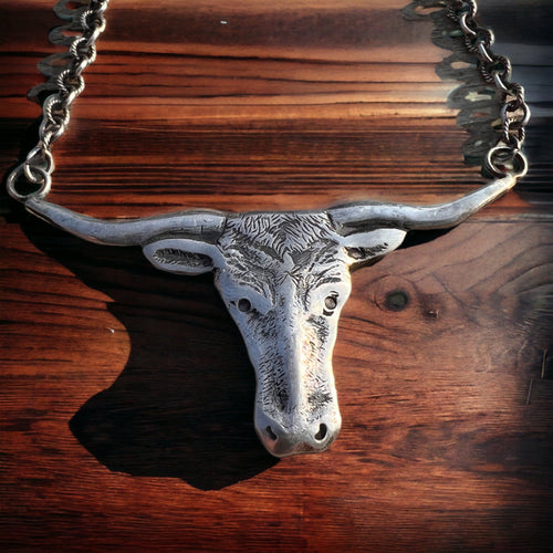 Sterling Longhorn necklace on 18 inch Sterling chain - Cowhide and Conchos