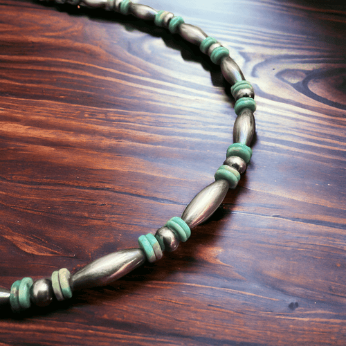 Sterling Melon & Turquoise Bead Choker - 14 - inch - Cowhide and Conchos