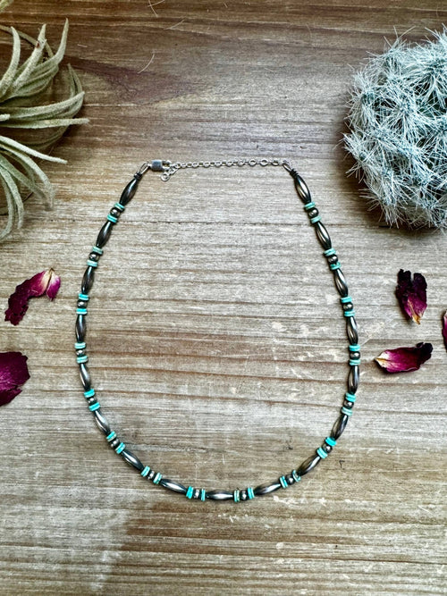 Sterling Melon & Turquoise Bead Choker - 14 - inch - Cowhide and Conchos