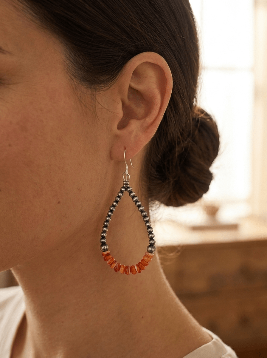Sterling Pearl & Orange Spiny Oyster Teardrop Earrings — 2.5 inch drop (Made in USA) - Cowhide and Conchos