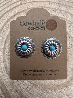 Sterling Silver Concho and Kingman Turquoise post earrings - Cowhide and Conchos