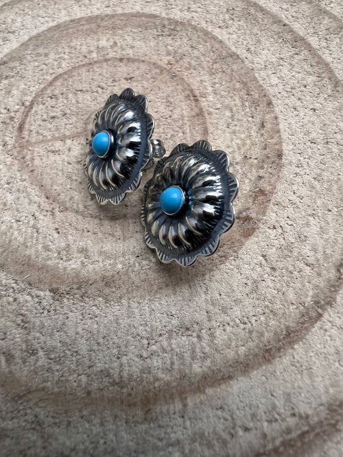 Sterling Silver Concho and Kingman Turquoise post earrings - Cowhide and Conchos