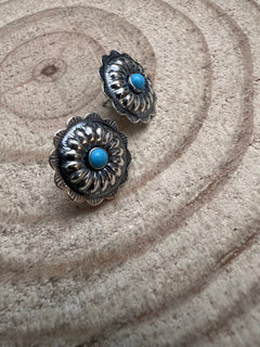 Sterling Silver Concho and Kingman Turquoise post earrings - Cowhide and Conchos