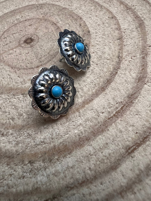 Sterling Silver Concho and Kingman Turquoise post earrings - Cowhide and Conchos