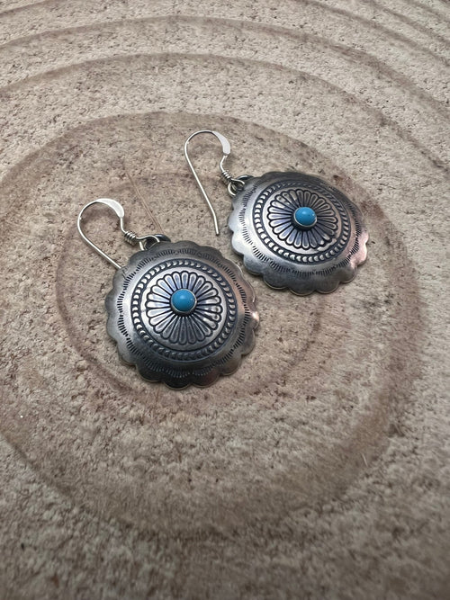 Sterling Silver Concho and Kingman Turquoise stud earrings - Cowhide and Conchos