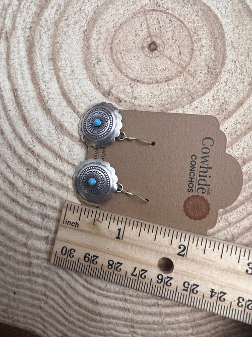 Sterling Silver Concho and Kingman Turquoise stud earrings - Cowhide and Conchos