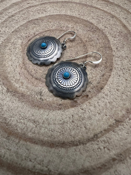 Sterling Silver Concho and Kingman Turquoise stud earrings - Cowhide and Conchos