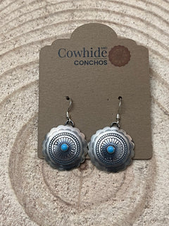 Sterling Silver Concho and Kingman Turquoise stud earrings - Cowhide and Conchos