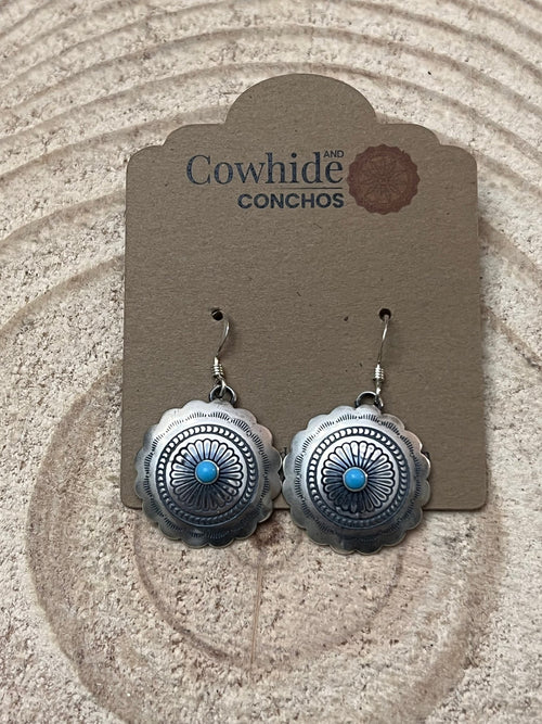 Sterling Silver Concho and Kingman Turquoise stud earrings - Cowhide and Conchos
