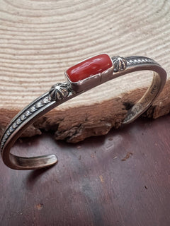 Sterling Silver Coral Bracelet by Jerome Delgarito - Cowhide and Conchos