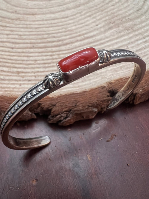 Sterling Silver Coral Bracelet by Jerome Delgarito - Cowhide and Conchos