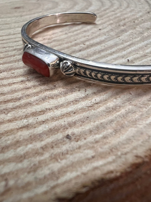 Sterling Silver Coral Bracelet by Jerome Delgarito - Cowhide and Conchos