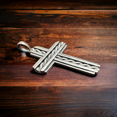 Sterling Silver Cross Pendant with Chain Inlay - Cowhide and Conchos