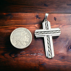 Sterling Silver Cross Pendant with Chain Inlay - Cowhide and Conchos