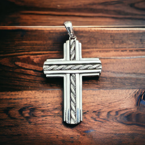 Sterling Silver Cross Pendant with Chain Inlay - Cowhide and Conchos