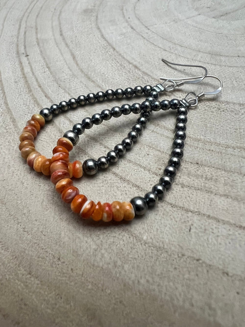 Sterling Silver Pearl & Orange Spiny Oyster Teardrop Earrings - 2 1/2 inch drop - Cowhide and Conchos