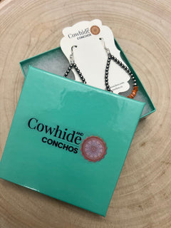 Sterling Silver Pearl & Orange Spiny Oyster Teardrop Earrings - 2 1/2 inch drop - Cowhide and Conchos