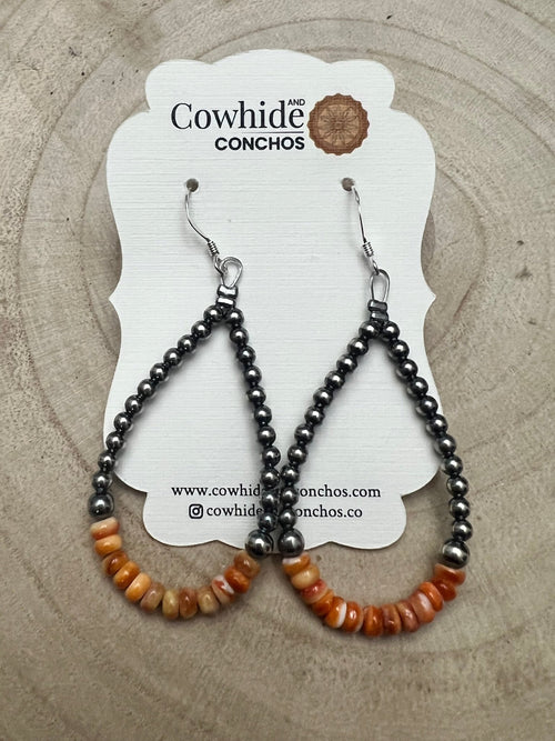 Sterling Silver Pearl & Orange Spiny Oyster Teardrop Earrings - 2 1/2 inch drop - Cowhide and Conchos