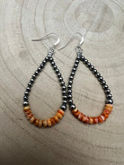 Sterling Silver Pearl & Orange Spiny Oyster Teardrop Earrings - 2 1/2 inch drop - Cowhide and Conchos